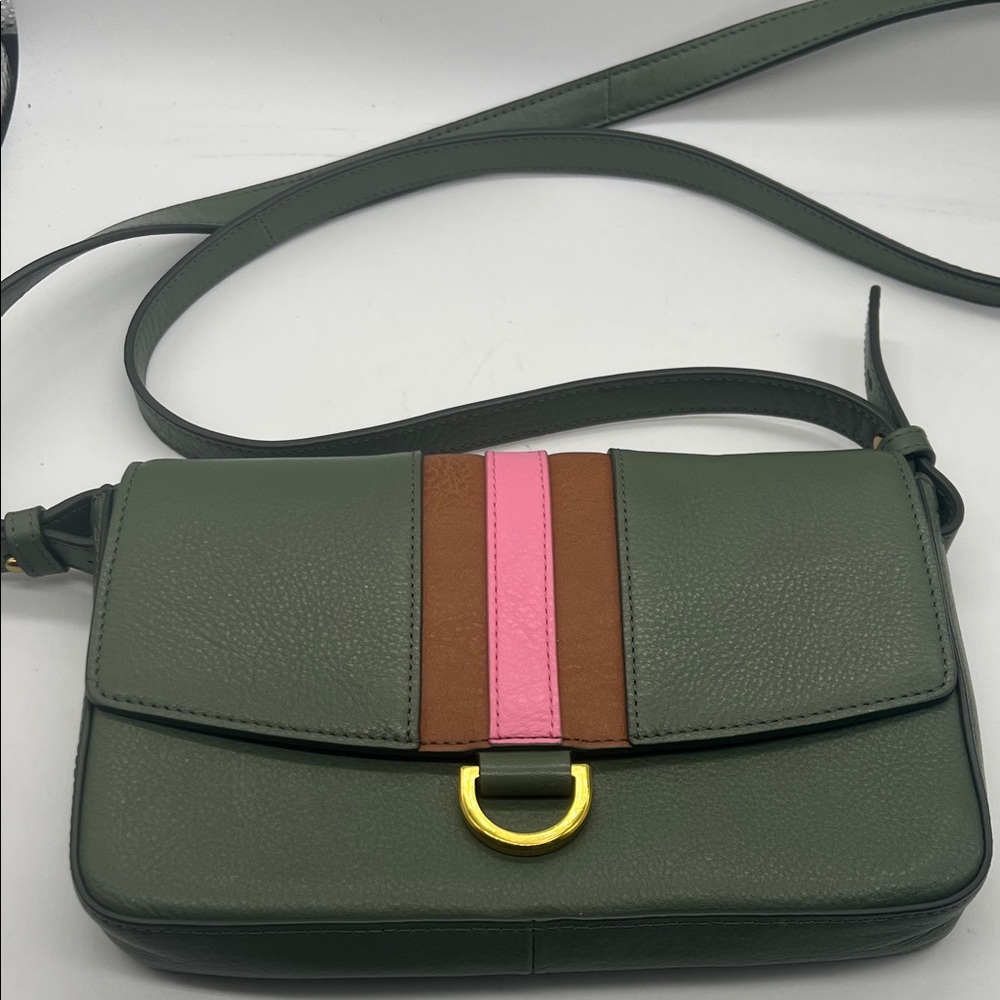 Fossil Millie Leather Mini Aloe Crossbody Bag green Tan & Pink brass hardware